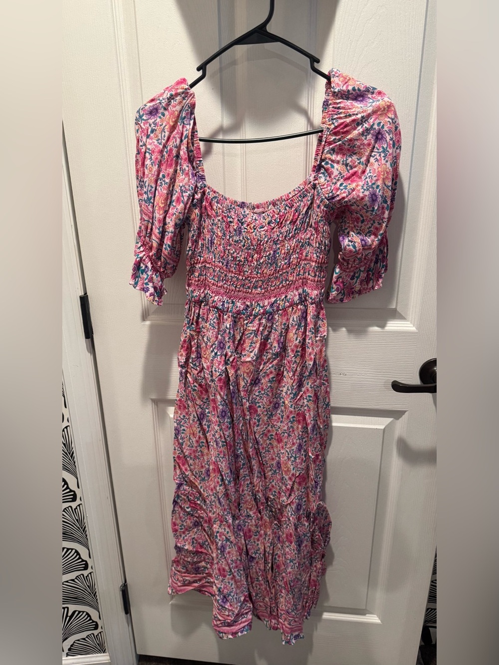 Women’s boho festival Smocked Puff Sleeve Pink purple Floral Midi Dress XL